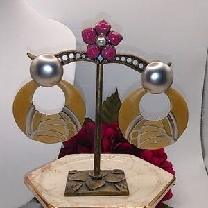 Edgar Berebi Silver Tone Tan Enamel Pierced Earrings Large Hoop Dangle